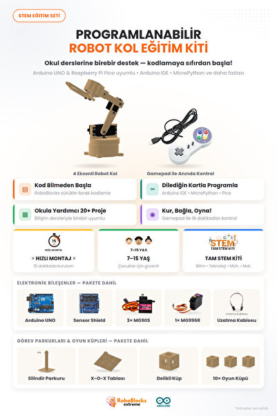 Arduino 4 Eksenli Programlanabilir Robot Kol Eğitim Kiti Uyumlu STEM Robotik ...