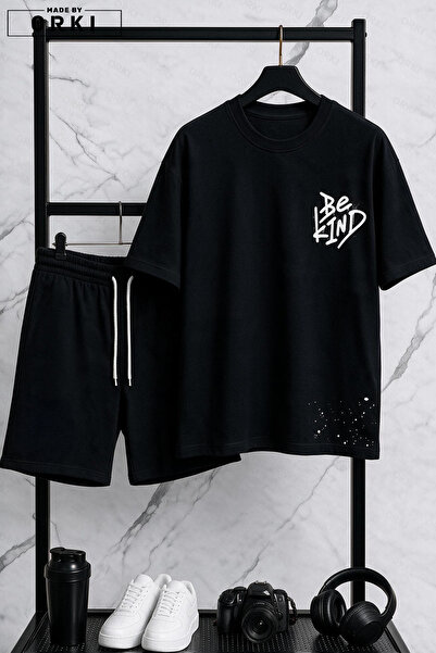 EFFRENATU Be Kind Printed Cotton Fabric Men's Black T-Shirt-Shorts Set