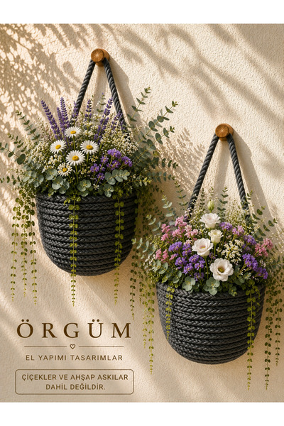 ÖRGÜM Saksılık 2'li Mini Duvar Sepeti Organizer Çiçeklik (BİTKİLER VE AHŞAP A...