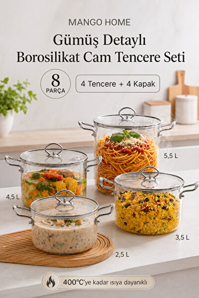 Mango Home Borosilikat Cam Tencere Seti 8 Parça - Ateşe ve Isıya Dayanıklı Pi...