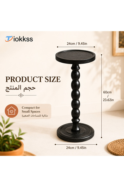 Tiokkss Black Solid Wood Side Table, Vintage Round Pedestal Sofa Side Table W...