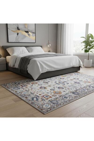 Carpettex Gri Otantik Halı Dijital Baskılı, Kaymaz Tabanlı, Yıkanabilir Leke Tutmaz Halı Kaymaz