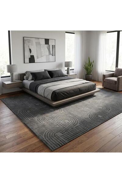 Carpettex Koyu Gri Modern Geometrik Desenli Dijital Baskılı Kaymaz Tabanlı Yıkanabilir Halı