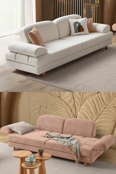 Eymense Aries Yataklı Sandıklı Koltuk Takımı 3+3 Beyaz Pembe