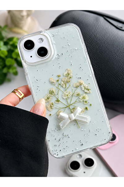 Go Aksesuar Iphone 13 - 14 - 15 Uyumlu Şeffaf Buket Simli Çiçek (Gerçek Çiçek...