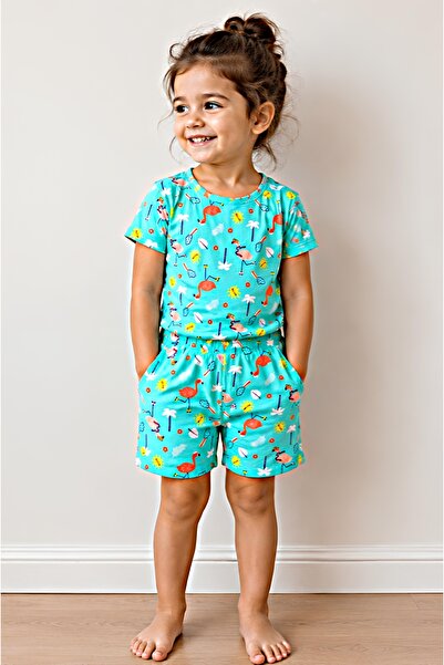 minikiti Girl's and Boy's 100% Cotton Combed Fabric Flamingo Shorts Set