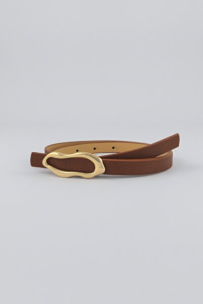 Milleniva Abstract Ellipse Gold Buckle Brown Thin Women's Belt 1.5 cm