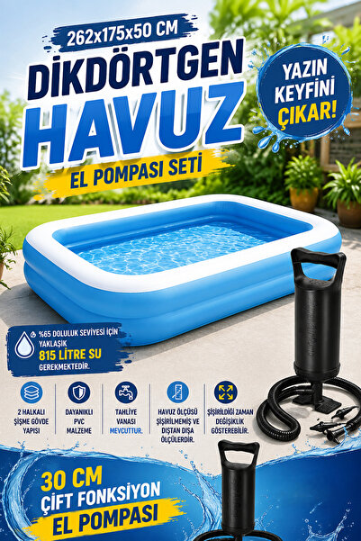 hak-iş oyuncak Şişme Dikdörtgen Havuz 262 x 175 x 50 cm Mavi Bahçe Havuzu + E...