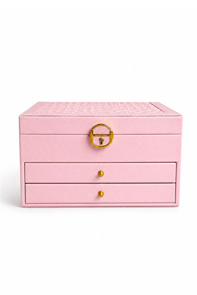 Ecrou 2 Çekmeceli Deri Görünümlü Kilitli Takı Kutusu Pembe 23 x 17 x 14 cm