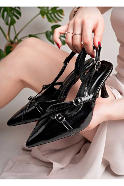 Macs Moda Black Patent Leather Heeled Women's Shoes - Stylish Slingback Model...