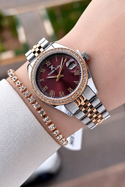 Daniel Klein Dial Claret Red Cord Rose Silver Color 32.5 mm Women's Wristwatc...