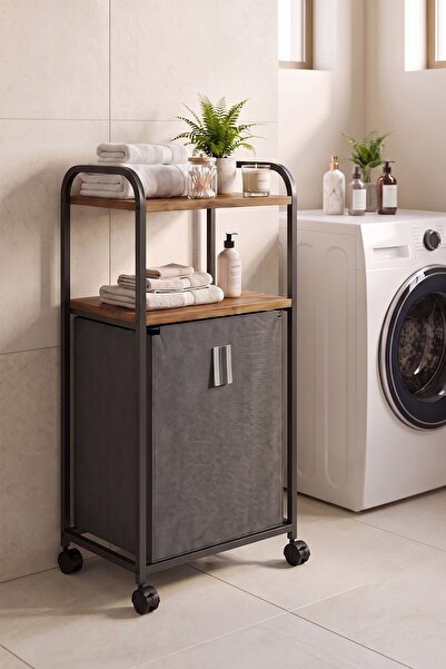 DEHALİMİTED 2 Raflı Frenli Tekerlekli Çamaşır Sepeti Banyo Dolabı Kirli Sepet...