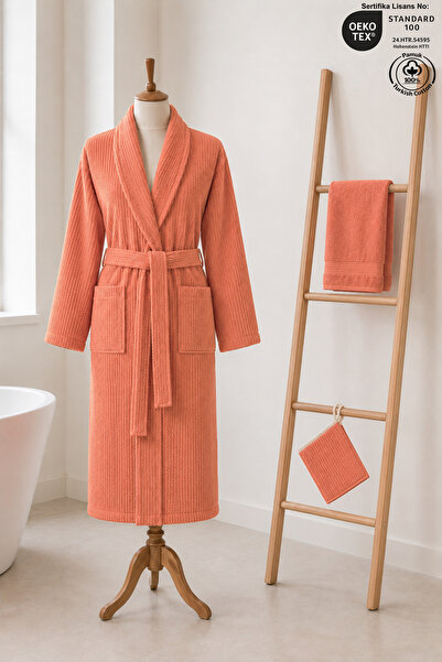 Ellaline Eldy Striped Bathrobe Set, 3 Pieces, 100% Cotton Certified Şalyaka B...