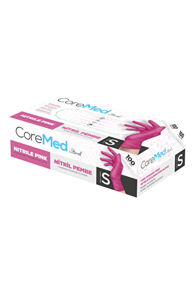 COREMED قفازات فحص من النتريل الوردي خالية من البودرة مقاس S - عبوة واحدة تحتوي على 100 قفاز