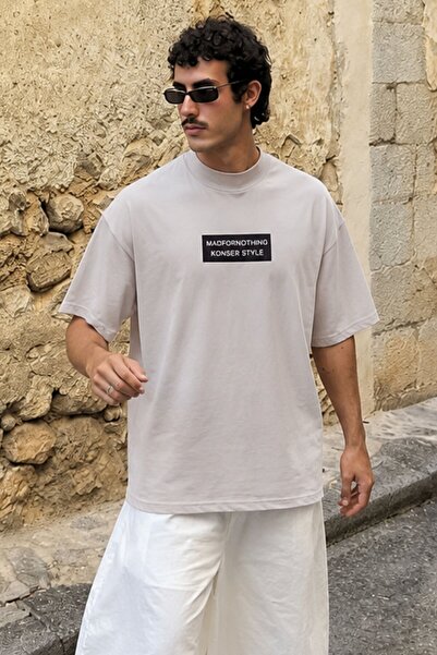 Madmext Stone Color Fake Stand Collar Oversize Men's T-Shirt 7005