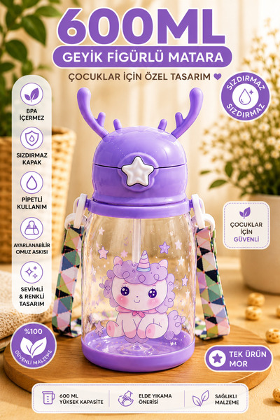 Ercazzo Geyik Kulaklı Çocuk Suluk Matara 600 ML Pipetli Omuz Askılı Sızdırmaz...