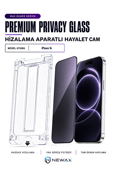 iPhone 16 Uyumlu Privacy Hayalet Ekran Koruyucu Kolay Uygulama Aparatlı Kırılmaz Cam