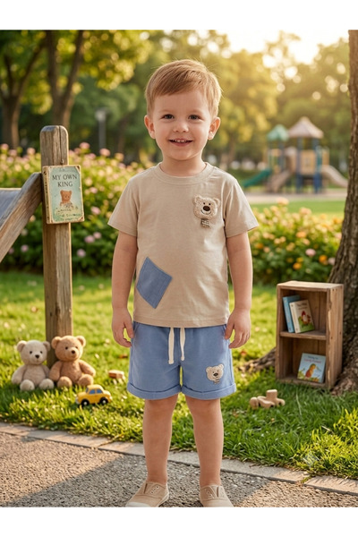 Efemkids Top-Bottom Set with Teddy Bear Detail, Flexible and Comfortable Chil...