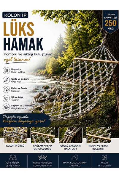 ASG LÜKS HAMAK ( KOLON İP HALAT Double Braid ) Örgülü Çift Kişilik – 250 KG T...