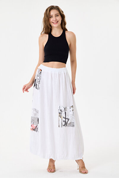 della moor White Italian 100% Linen Long Linen Skirt with Elastic Waist 38 - 44