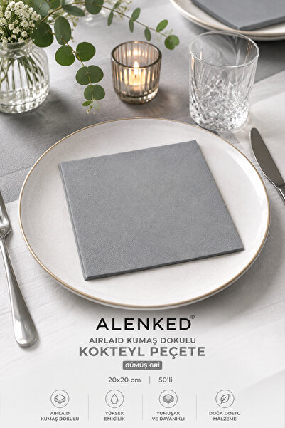 alenked Airlaid Kumaş Dokulu Kare Gümüş Gri Kokteyl Peçete 20x20 cm 50'li (YENI)