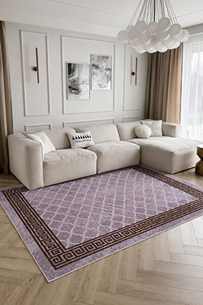 Classic Dekoratif Desen Kahve-Krem Halı,Yıkanabilir, Kaymaz Taban,Dijital Baskı,Salon
