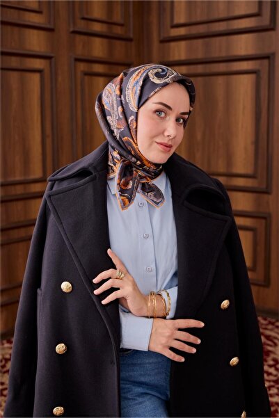 Silk Home Twill İpek Eşarp Antrasit-Turuncu Desenli Tok Duruşlu 90x90