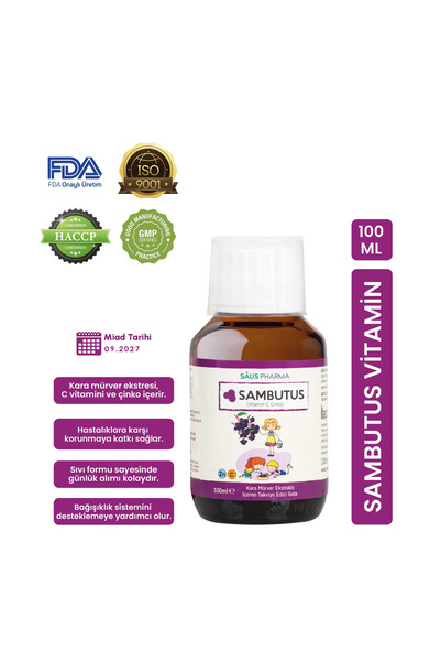 SAMBUTUS Kara Mürver Şurubu 100 ml | Sambucus Nigra, C Vitamini ve Çinko | Ba...