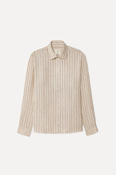 Mudo Men's Ecru Striped Regular Fit Long Sleeve Linen Shirt