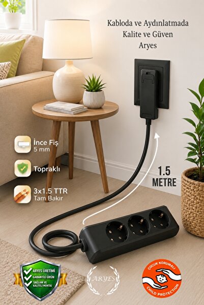 3-Piece Black Socket 1.5m Thin Plug Extension Cable 100% Copper Cable Use Behind Furniture