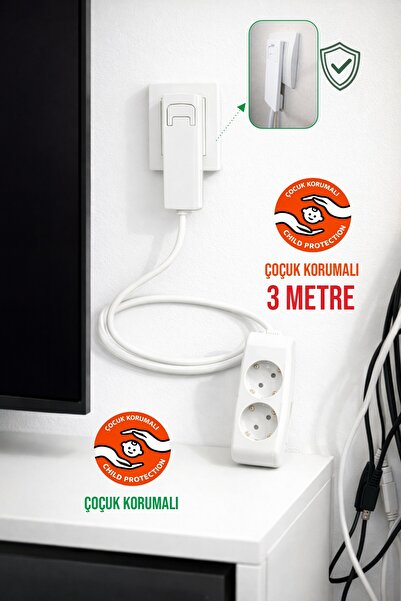 Aryes 2’li Uzatma Kablosu 3 Metre Slim İnce Fiş 3x1,5 TTR Bakır Kablo Çocuk K...