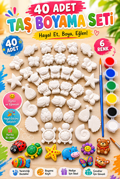 MİSSEHOME 40 Adet (3D) Hayvanlar&Çiçekler Taş Boyama Figür Çocuk Gelişimi Boy...