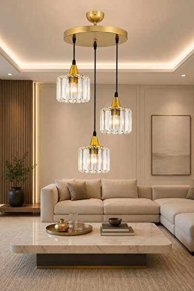 ESSLİGHT Azra 3’lü Eskitme Kristal Taşlı Salon Mutfak Yatak Odası Avizesi