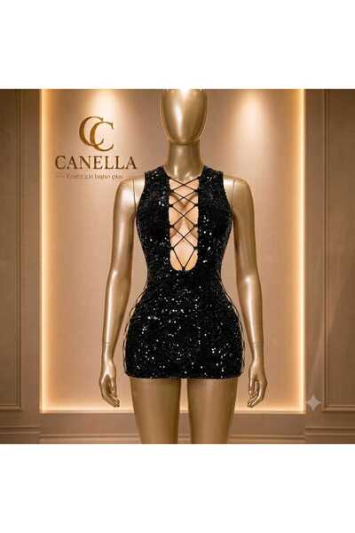 CANELLA SECRET Canella Siyah Payetli Derin V Dekolteli Mini Elbise