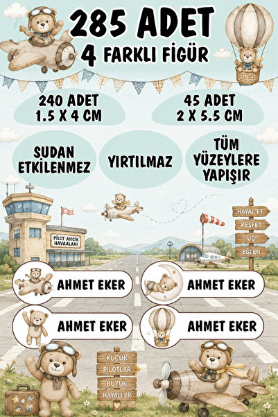 KT Decor Okul Etiketi Kalem Defter Etiketi Soft Renk Ayıcıklar Özel Isimli Et...