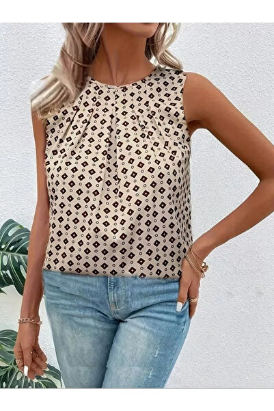 Generic Brand Women's Strappy Round Neck Patterned Single Jersey Blouse