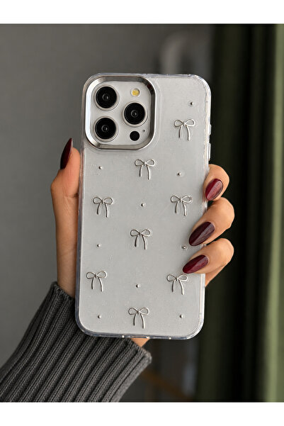 daystar iPhone 13/14 Uyumlu Fiyonk Desenli ve İncili Dayanıklı Şeffaf Telefon kılıfı