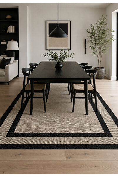Halı Sepeti Sisal Plus 1149 Bej-Siyah Robot Süpürgeye Uygun Mutfak Halısı