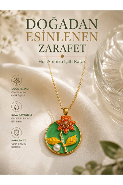 TrendimAksesuar Women's Steel Necklace with Pearl and Flower Detail