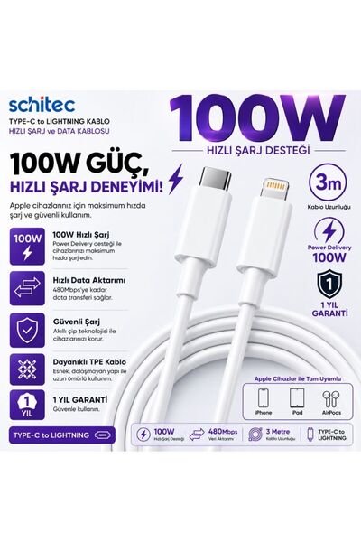 schitec 6A 100W Type-C to Lightning Hızlı Data ve Şarj Kablosu 3 Metre Beyaz ...