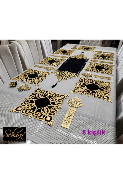 SEHARA Runner/Amerikan Servis/25 Parça/8 Kişilik/Yemek Sunum Takımı/Siyah Kadife Üzeri Simli gold