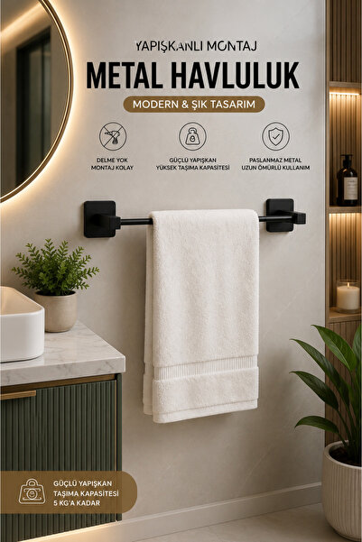 RİYA HOME EV & DEKORASYON Kare Yapışkanlı Siyah Uzun Havluluk