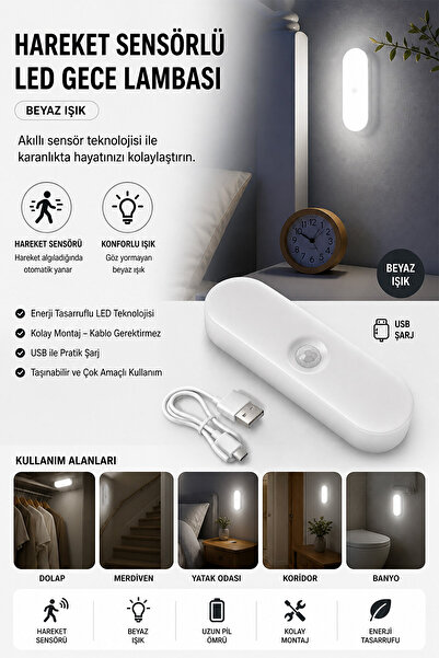 Neo Vista Hareket Sensörlü Usb Şarjlı Led Işık Lamba-Oda, Mutfak, Salon Ve Me...
