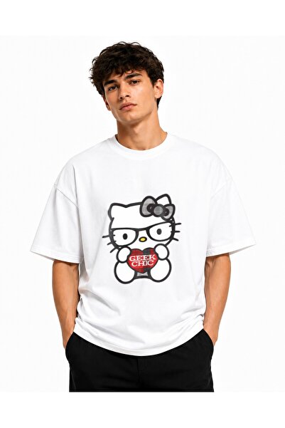 Inscriptie Tricou Unisex Bumbac Premium Casual " Hello Kitty Geek chik "