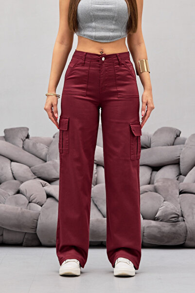 BİKELİFE Burgunder Cargo-Tasche Lycra Hohe Taille Weites Bein Hose