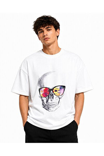 Inscriptie Tricou Unisex Bumbac Premium Casual " Skeleton with glasses drawing "
