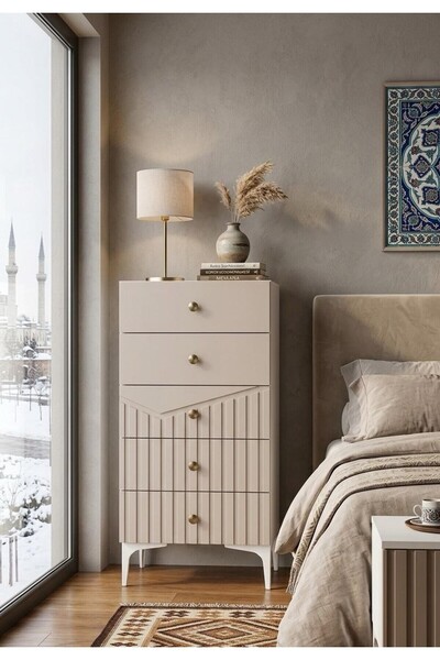BYCİNO LEYLA 5 ÇEKMECELİ MODERN TASARIM MDF MEMBRAN KAPAK LAMBİRİ BEJ ŞİFONYER