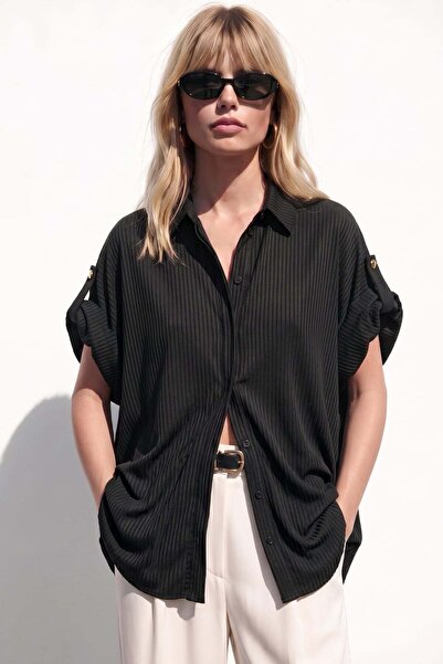 Sateen Stripe Patterned Short Sleeve Shirt - Black