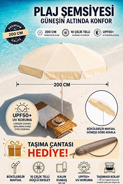 Durul Plaj Şemsiyesi , Güneş ve Balkon Şemsiyesi 200 Cm - 10 Çelik Telli Krem...