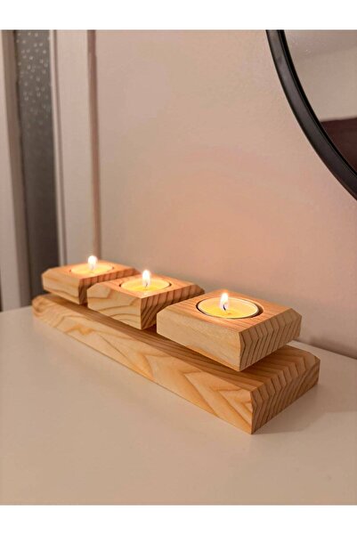 Trivon Studio Doğal Ahşap 3'lü Mumluk - Masif Çam Tealight Mumluk